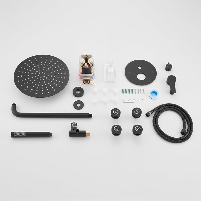 Iriber Mattle Black Round Rain Shower System with 4 PCS Body Jets 3 Function Shower Faucet Set Contain 12 Inch Shower Head and Handheld Wall Mounted Pressure Balance Shower Trim Kit (Valve Included)