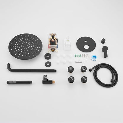 Iriber Mattle Black Round Rain Shower System with 4 PCS Body Jets 3 Function Shower Faucet Set Contain 12 Inch Shower Head and Handheld Wall Mounted Pressure Balance Shower Trim Kit (Valve Included)