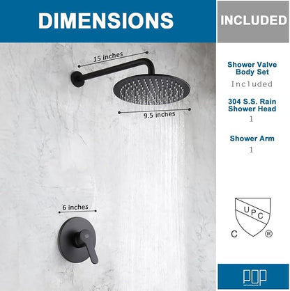 Matte Black Shower Faucet Set 10 Inch Round Rain Shower Head and Handle Set Bathroom Rainfall Shower System Wall Mounted Shower Fixture Single Function Shower Valve Trim Kit