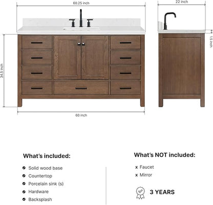 ARIEL Cambridge 60-inch Bathroom Vanity with Sink,Solid Wood, 1.5-inch Carrara White Quartz Countertop, Single Rectangular Porcelain Sink, 2 Soft Closing Doors, 9 Dovetail Drawers, Brown Oak