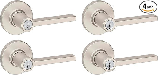 Kwikset Casey Entry Door Handle with Lock and Key, Secure Keyed Reversible Lever Exterior, for Front Entrance and Bedrooms, Satin Nickel, 4 Pack, Pick Resistant SmartKey Rekey Security and Microban