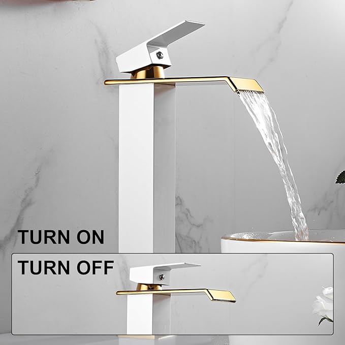 White Gold Faucet Bathroom Vessel Sink Golden Waterfall Spout Faucet Single Handle Bowl Sink Faucet Modern Single Hole Basin Vanity Tall Bathroom Sink Faucet with Pop Up Drain Stopper Supply Hose