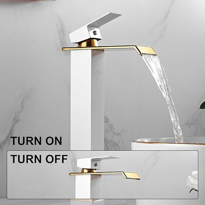 White Gold Faucet Bathroom Vessel Sink Golden Waterfall Spout Faucet Single Handle Bowl Sink Faucet Modern Single Hole Basin Vanity Tall Bathroom Sink Faucet with Pop Up Drain Stopper Supply Hose