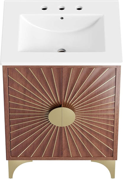 Modway Daylight Bathroom Vanity Cabinet with Ceramic Sink Basin, 24 Inch, White Walnut