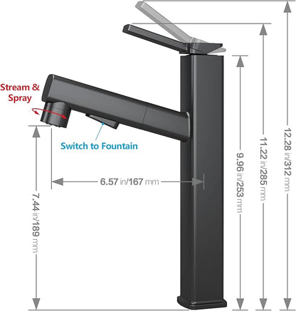 MIAOHUI Vessel Sink Faucet with Pull Out Sprayer, Tall Bathroom Sink Faucet with 3 Spray Mode, High Bathroom Faucets for Sink 1 Hole, Single Handle Modern Vanity Faucet with Fountain Mode, Matte Black