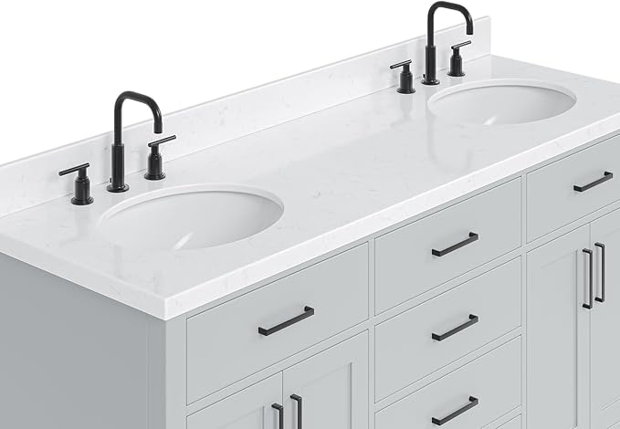 ARIEL Hepburn 66-inch Bathroom Vanity with Sink,Solid Wood, 1.5-inch Carrara White Quartz Countertop & Backsplash, Double Oval Porcelain Sink, 4 Soft Closing Doors, 6 Dovetail Drawers, Grey