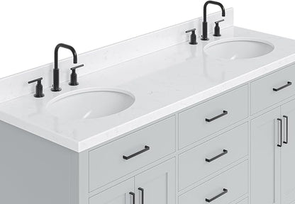 ARIEL Hepburn 66-inch Bathroom Vanity with Sink,Solid Wood, 1.5-inch Carrara White Quartz Countertop & Backsplash, Double Oval Porcelain Sink, 4 Soft Closing Doors, 6 Dovetail Drawers, Grey
