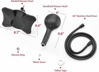 GRICH Shower Head with Handheld Spray - Dual High Pressure Showerhead | Rainfall Shower Heads Combo, Detachable Hand Shower, 9 Spray Settings, 60" Stainless Steel Shower Hose, 2.5GPM, Black