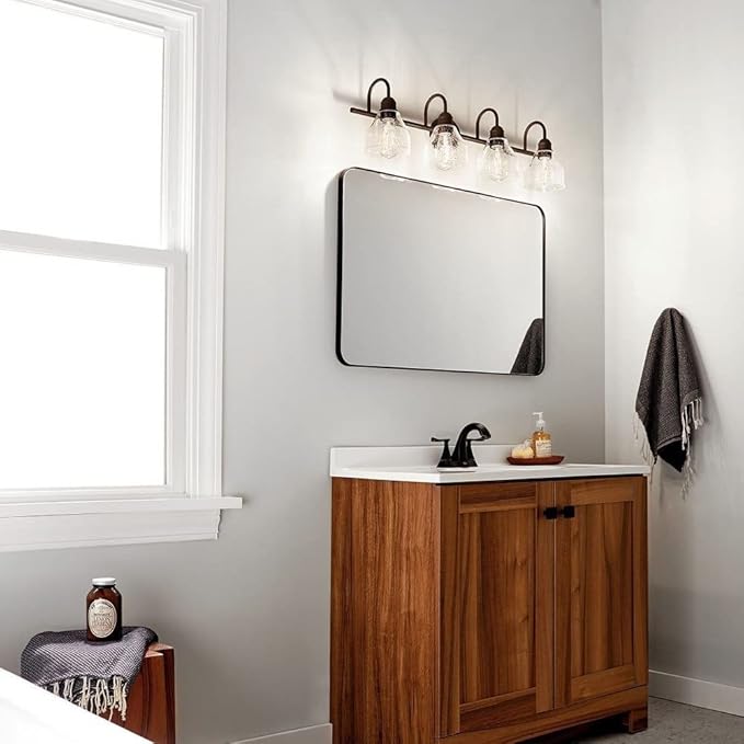 Kichler Avery 33.5" Bathroom Vanity Industrial 4 Light Wall Fixture with Clear Seeded Glass in Black, for Bathroom (8.25" x 33.5" x 9.5") 45974BK