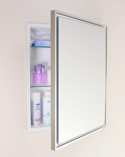 Fox Hollow Furnishings 16x20 Parker Metro Metal Framed Rectangle Recessed Bathroom Medicine Cabinet, Floating Mirror, 14x24 in-Wall Opening, Steel, Adjustable Glass Shelves, Magnet Close, Chrome