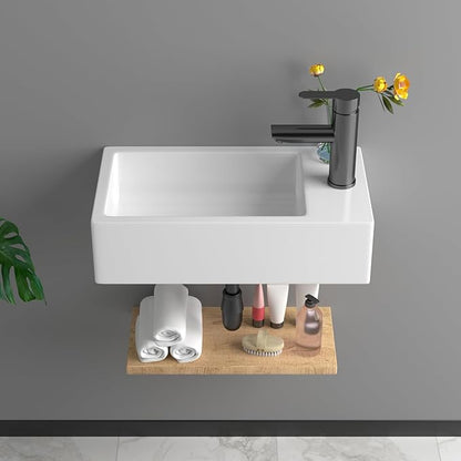 Small Bathroom Sink - 18"x10" Wall Mount Rectangular Ceramic Vessel Sink White Porcelain Floating Vanity Sink for Tiny Bathrooms with Faucet & Drain Combo (Right Hand Bowl Options)