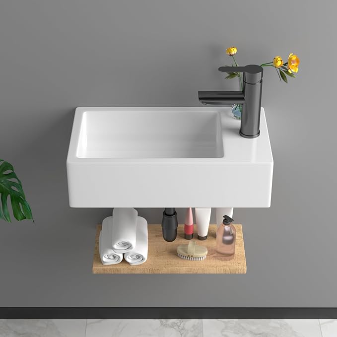 Small Bathroom Sink - 18"x10" Wall Mount Rectangular Ceramic Vessel Sink White Porcelain Floating Vanity Sink for Tiny Bathrooms with Faucet & Drain Combo (Right Hand Bowl Options)