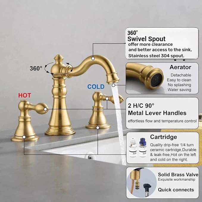 Two Handle Bathroom Sink Faucet 3 Hole Brushed Gold with Pop up Drain,High Arc Lavatory 8 Inch Widespread Bathroom Faucet, F-8805-BG