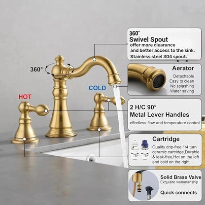 Two Handle Bathroom Sink Faucet 3 Hole Brushed Gold with Pop up Drain,High Arc Lavatory 8 Inch Widespread Bathroom Faucet, F-8805-BG