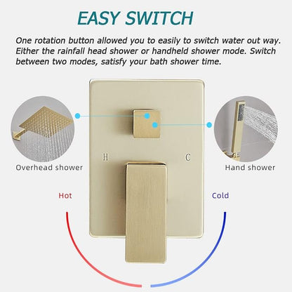 Brushed Gold Shower System 12 Inches Bathroom Luxury Rain Shower Head with Handheld Combo Set Wall Mounted High Pressure Rainfall Shower Head System Shower Faucet with Valve and Trim Kit