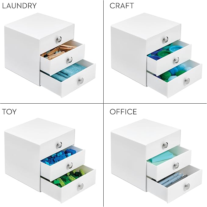 iDesign 3-Drawer Plastic Vanity Organizer, Compact Storage Organization Drawers Set for Cosmetics, Dental Supplies, Hair Care, Bathroom, Dorm, Desk, Countertop, Office, 6.5" x 6.5" x 6.5", White | Bathroom Storage, Vanity Storage