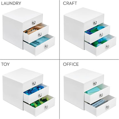 iDesign 3-Drawer Plastic Vanity Organizer, Compact Storage Organization Drawers Set for Cosmetics, Dental Supplies, Hair Care, Bathroom, Dorm, Desk, Countertop, Office, 6.5" x 6.5" x 6.5", White | Bathroom Storage, Vanity Storage