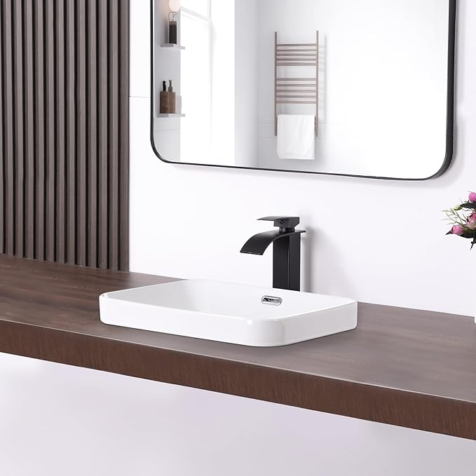 Bathroom Vessel Sink 18.2'' x 13.3'' Semi Recessed Bathroom Sink Rectangular Drop-in Vanity Sink with Overflow White Ceramic Modern Art Basin