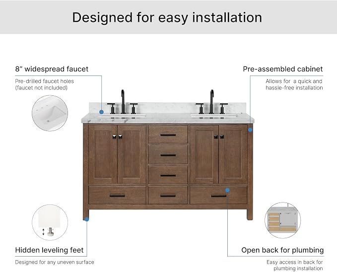 ARIEL Cambridge 60-inch Bathroom Vanity with Sink,Solid Wood, 1.5-inch Italian Carrara Marble Countertop, Double Rectangular Porcelain Sink, 4 Soft Closing Doors, 6 Dovetail Drawers, Brown Oak