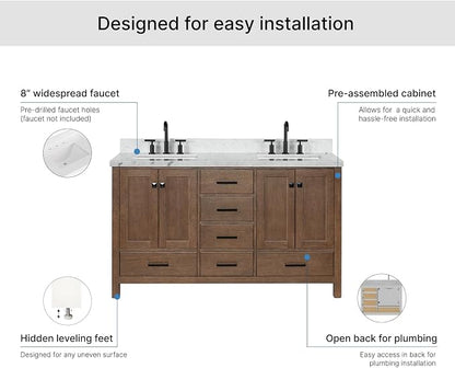 ARIEL Cambridge 60-inch Bathroom Vanity with Sink,Solid Wood, 1.5-inch Italian Carrara Marble Countertop, Double Rectangular Porcelain Sink, 4 Soft Closing Doors, 6 Dovetail Drawers, Brown Oak