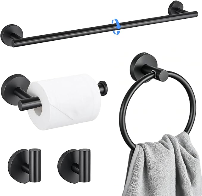 5 Pieces Matte Black Bathroom Accessories Set Towel Bar Set | 24 Inch Towel Racks Wall Mounted,Toilet Paper Holder,Towel Ring,2 Towel Hooks,Stainless Steel Bathroom Hardware Set