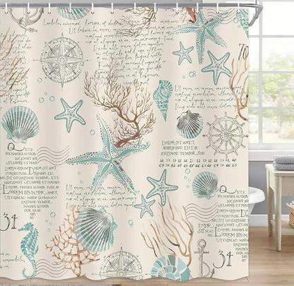 Nautical Coastal Beach Shower Curtain, Coral Starfish Seashell Ocean Bathroom Curtains, Fun Kids Bathroom Shower Curtain with Hooks Set 48X72inch.
