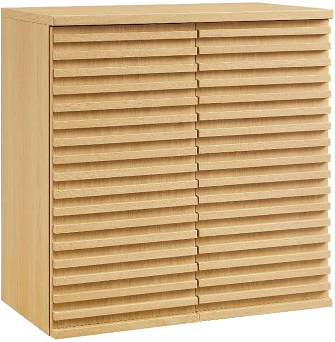 Modway Render Wall Mounted Bathroom Cabinet in Oak - 23.5 Inch Compact Wall Storage with Slatted Doors and Adjustable Shelves for Bathroom or Laundry Room