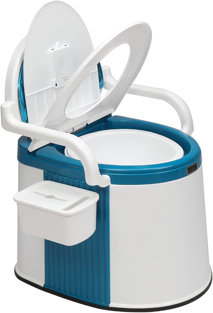 VINGLI Portable Toilet | Back & Handrail Design Commode with 5 Gallon Bucket Inner, Camping RV Toilet for Adult, Kids, Home, Boat, Van, Travel, Plastic, Blue & white