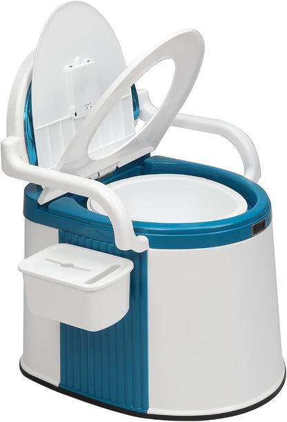 VINGLI Portable Toilet | Back & Handrail Design Commode with 5 Gallon Bucket Inner, Camping RV Toilet for Adult, Kids, Home, Boat, Van, Travel, Plastic, Blue & white
