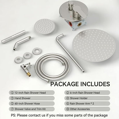 Shower Systems STARBATH 12+6" Round Dual Rainfall Shower Head with Handheld Spray for Two People, Wall Mounted 3 Way Rain Shower Faucet Sets Complete, Included Valve and Trim Kit, Brushed Nickel