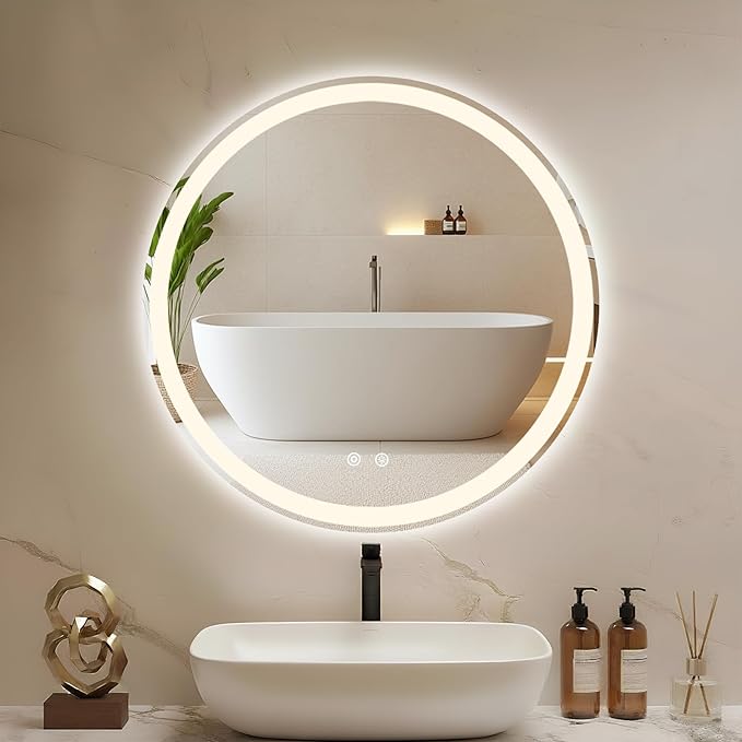 DUMOS 36 Inch Round LED Bathroom Mirror with Lights, Circle Vanity Mirror with Anti-Fog, Dimmable, 3-Color Light, Memory Function, Tempered Glass