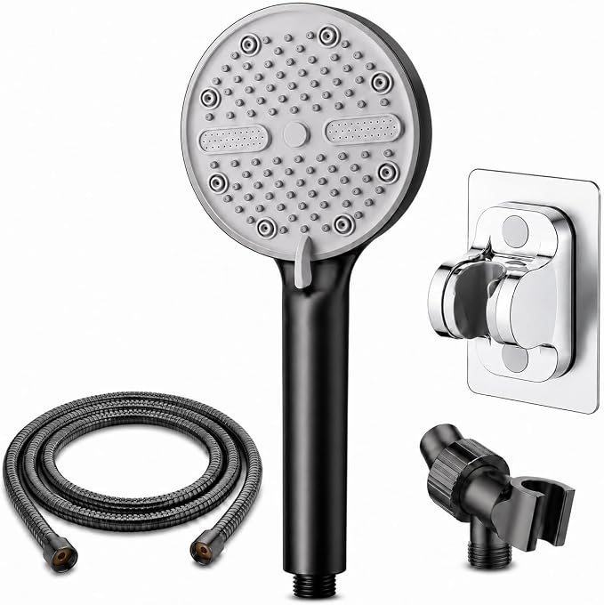 High Pressure Shower Head, Stick-on Low Mount Wall Bracket, Black | 5 Spray Modes, Water-Saving, 360° Adjustable Bracket, For Low Water Pressure Home, RV, Bathroom, Fix Firmly Kid-Friendly