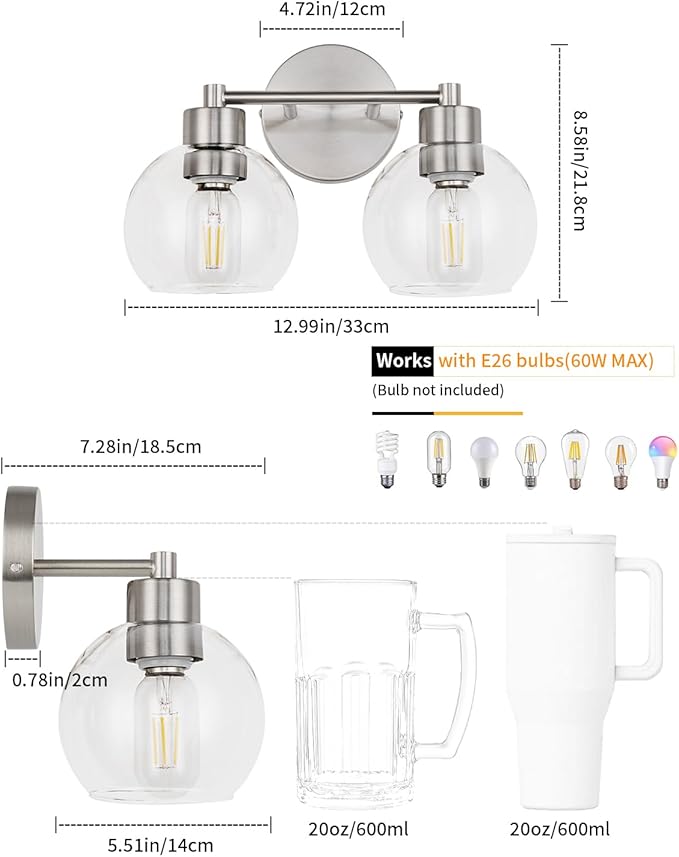 WILON 2-Light Bathroom Vanity Light, Brushed Nickel Vanity Lights for Bathroom, Modern Light Fixtures Over Mirror, Silver Sconces Wall Lamp for Living Room Bedroom Kitchen
