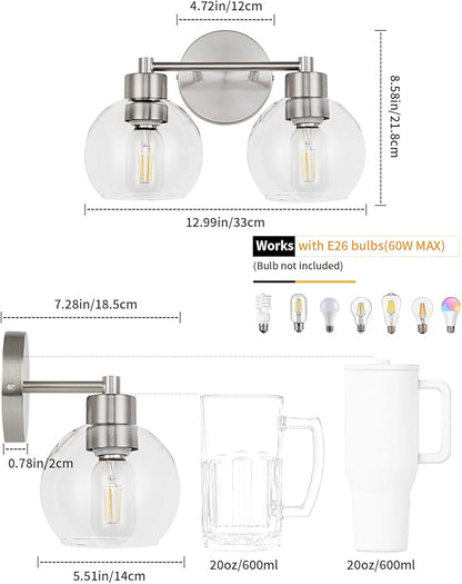 WILON 2-Light Bathroom Vanity Light, Brushed Nickel Vanity Lights for Bathroom, Modern Light Fixtures Over Mirror, Silver Sconces Wall Lamp for Living Room Bedroom Kitchen