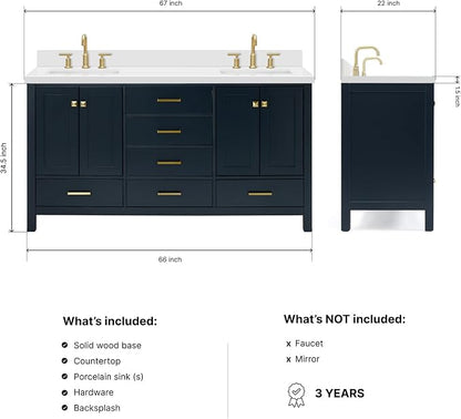 Beckford 66" Midnight Blue Double Bathroom Vanity with Sink, 1.5" Pure White Quartz Countertop, Rectangular Undermount Sinks, 4 Soft Closing Doors, 6 Full Extension Dovetail Drawers