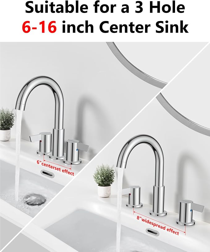 Polish Chrome Bathroom Faucet 3 Hole, 8 Inch Widespread 2-Handle | SUS304 Stainless Steel, 2-Handle Control, Pop-Up Drain, Supply Lines and Mounting Hardware for 8-Inch Widespread Vanity Sinks