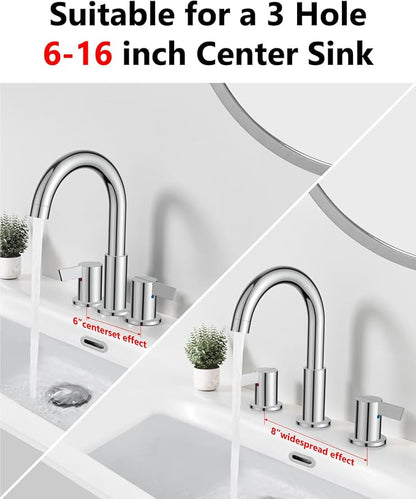 Polish Chrome Bathroom Faucet 3 Hole, 8 Inch Widespread 2-Handle | SUS304 Stainless Steel, 2-Handle Control, Pop-Up Drain, Supply Lines and Mounting Hardware for 8-Inch Widespread Vanity Sinks