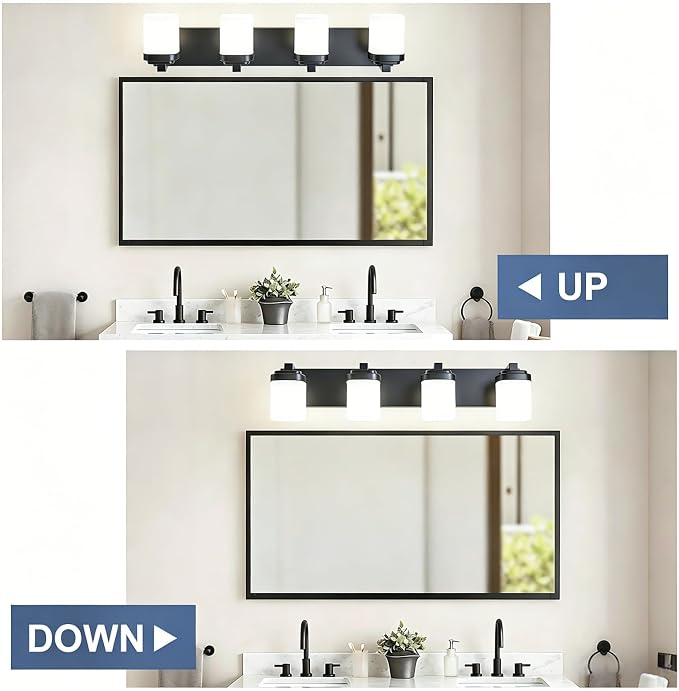 Bathroom Vanity Lights, Modern Bathroom Light Fixtures Over Mirror | 4-light black light fixture bathroom with milky white square glass shade, 29" farmhouse lighting fixtures lights for wall