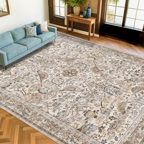 Vintage Moss Green 8x10 Washable Area Rugs for Living Room - Soft Floral Rug for Bedroom, Dining Room, Light Brown Taupe Low Pile Stain Resistant Bird Floral Bird Carpet
