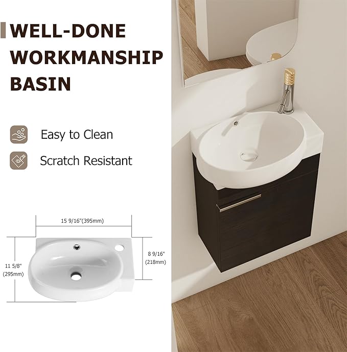 17'' Wall Mounted Bathroom Vanity Sink Combo for Small Space, Modern Bathroom Vanity Set with Ceramic Sink Top, Hanging Garage Vanities Compact Floating Small Cabinet for Bath Room, Black