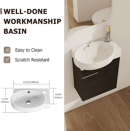 17'' Wall Mounted Bathroom Vanity Sink Combo for Small Space, Modern Bathroom Vanity Set with Ceramic Sink Top, Hanging Garage Vanities Compact Floating Small Cabinet for Bath Room, Black