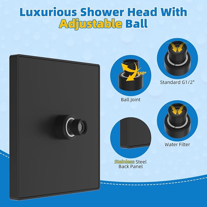 Hibbent cUPC Certified Thickness Metal 8'' Rain Shower Head, Matte Black | High Pressure Shower Head, Bathroom Waterfall Shower Heads, High Flow Fixed Showerheads with Adjustable Brass Ball Joint