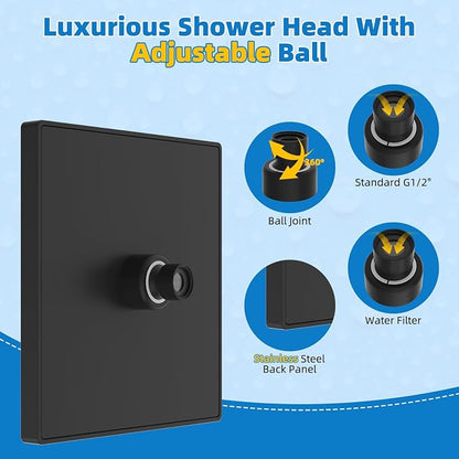 Hibbent cUPC Certified Thickness Metal 8'' Rain Shower Head, Matte Black | High Pressure Shower Head, Bathroom Waterfall Shower Heads, High Flow Fixed Showerheads with Adjustable Brass Ball Joint