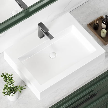 KINGWONG 24" x 18.3" Rectangular Ceramic Vessel Sink, White Bathroom Sink Above Counter, No Overflow Single Hole Basin for Vanity Top, High Temp Fired Porcelain, Stain Resistant Glossy Easy to Clean