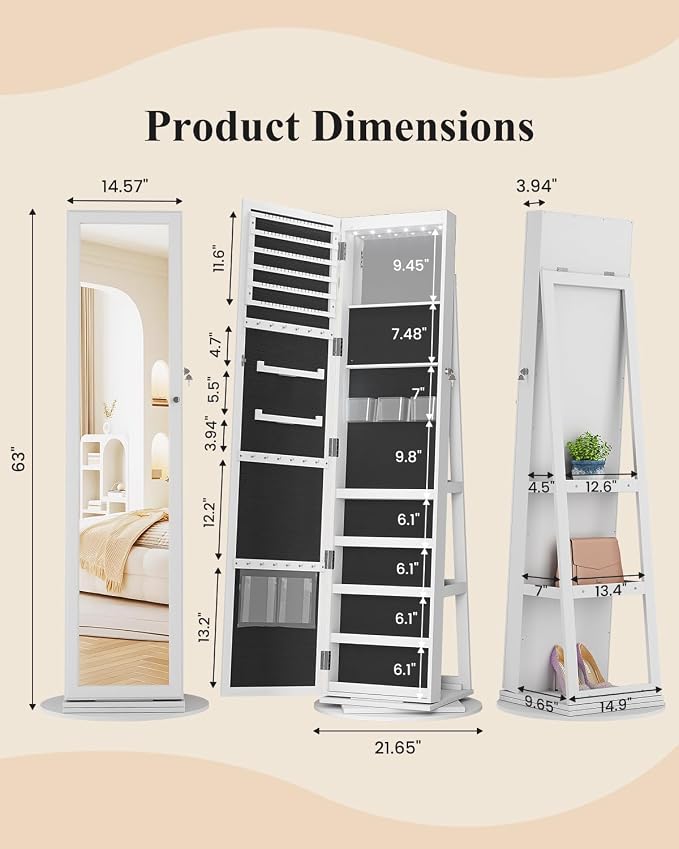 LVSOMT LED Jewelry Cabinet Standing, 360° Swivel Jewelry Armoire, White | Full Length Mirror with Storage, 3 Rear Shelves, Internal Mirror, 3 Color Lights, Lockable for Bedroom, Women Girls Gift