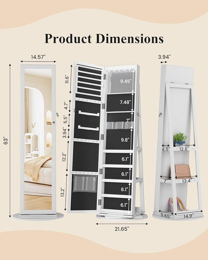LVSOMT LED Jewelry Cabinet Standing, 360° Swivel Jewelry Armoire, White | Full Length Mirror with Storage, 3 Rear Shelves, Internal Mirror, 3 Color Lights, Lockable for Bedroom, Women Girls Gift