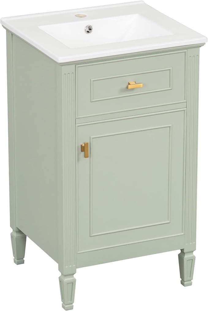 GDFStudio Hawthorne 20" Modern Bathroom Vanity with Sink, Freestanding Bathroom Vanity Organizer with Tilt Out Drawer, Adjustable Shelf and Solid Wood Legs, Single Sink Bathroom Vanity, Green