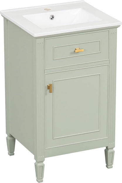 GDFStudio Hawthorne 20" Modern Bathroom Vanity with Sink, Freestanding Bathroom Vanity Organizer with Tilt Out Drawer, Adjustable Shelf and Solid Wood Legs, Single Sink Bathroom Vanity, Green