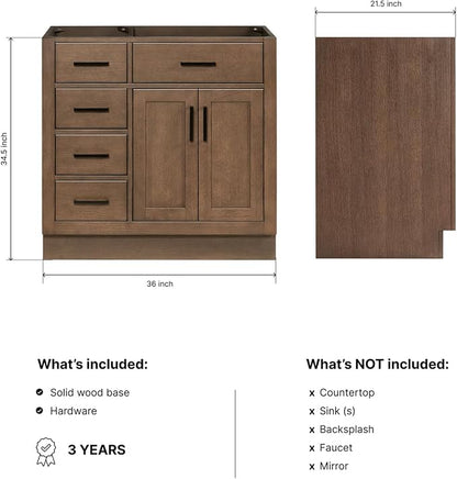 ARIEL Hepburn 36-inch Bathroom Vanity Base Cabinet,Solid Wood, 2 Soft Closing Doors, 5 Dovetail Drawers, Brown Oak