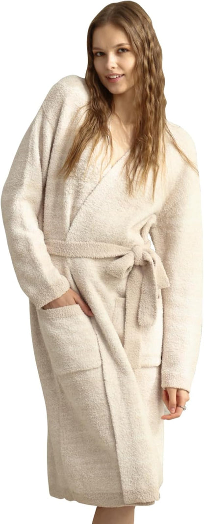 MH MYLUNE HOME Ultra Soft Robe With Pockets, Spa Bathrobe Loungewear Calf-Length, Plush Fuzzy Fluffy Wrap Robe for Women